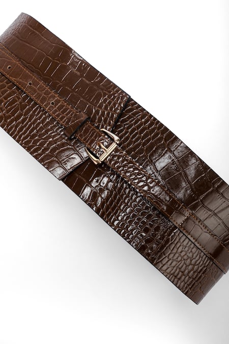 Shop Trov Brown Luca Croc Embossed Leather Belt at Aza Fashions Shop_Trov_Brown Luca Croc Embossed Leather Belt _at_Aza_Fashions