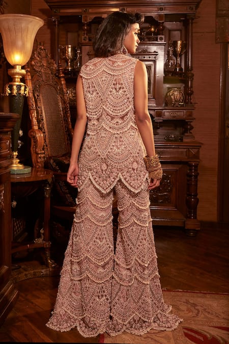 Shop Ridhima Bhasin Purple Organza Embroidery Pearls V Neck Rooh Tunic Sharara Set at Aza Fashions Shop_Ridhima Bhasin_Purple Organza Embroidery Pearls V Neck Rooh Tunic Sharara Set _at_Aza_Fashions