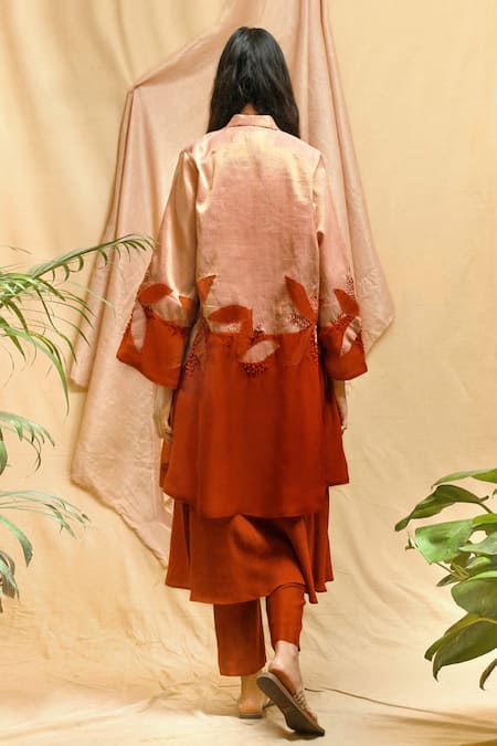 Shop Chambray & CO. Red Tissue, Chanderi, Silk Embroidery, Applique Round Neck Jacket Set at Aza Fashions Shop_Chambray & CO._Red Tissue, Chanderi, Silk Embroidery, Applique Round Neck Jacket Set _at_Aza_Fashions