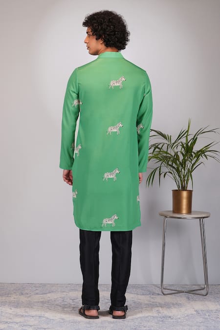 Shop Eleven Brothers Green Silk, Cotton Zebra Print Kurta And Pant Set at Aza Fashions Shop_Eleven Brothers_Green Silk, Cotton Zebra Print Kurta And Pant Set _at_Aza_Fashions