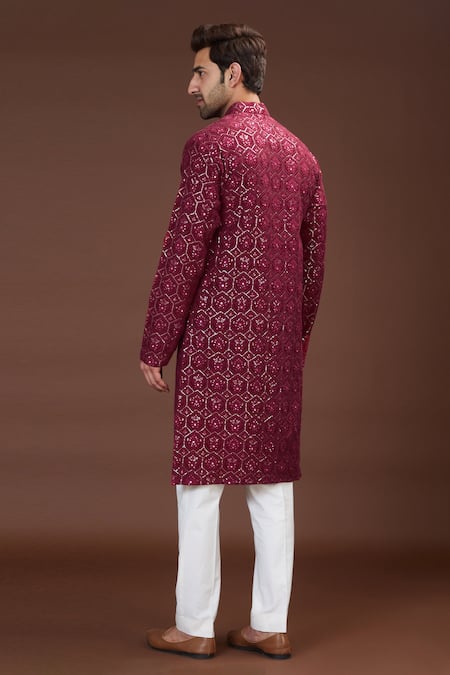 Shop Kasbah Maroon Silk, Cotton Embroidery Floral Kurta Set at Aza Fashions Shop_Kasbah_Maroon Silk, Cotton Embroidery Floral Kurta Set _at_Aza_Fashions