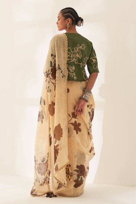 Shop Kasturi Kundal Beige Linen Embroidery Mahogany Pure Handloom Saree With Unstitched Blouse at Aza Fashions Shop_Kasturi Kundal_Beige Linen Embroidery Mahogany Pure Handloom Saree With Unstitched Blouse _at_Aza_Fashions