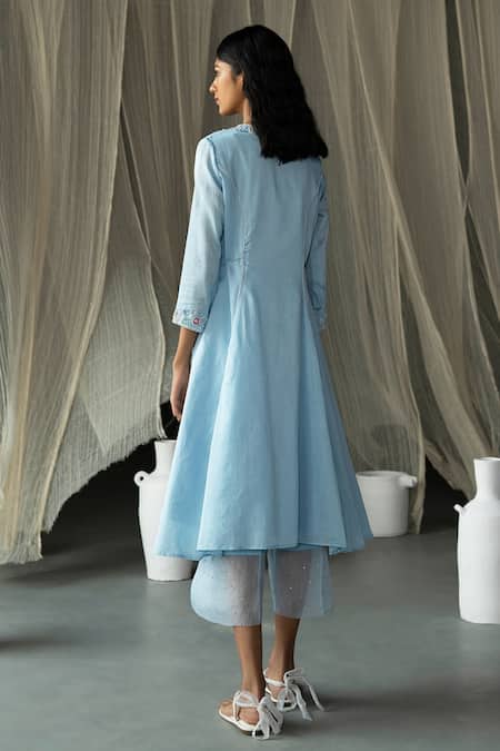 Shop_Zoon_Sky Blue , Cotton, Organza Embroidery, Chanderi Anarkali Pant Set _at_Aza_Fashions