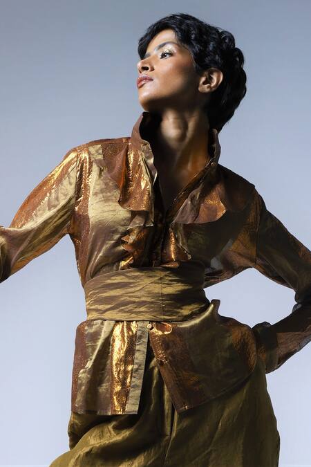 Shorshe Clothing_Gold Handloom Cotton, Lurex Collared Ruffled Shirt_Online_at_Aza_Fashions