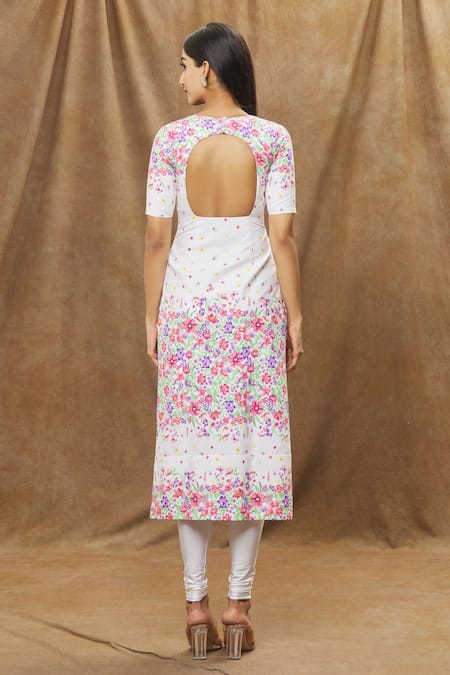 Shop Label Priyanka Kar Ivory Cotton Embroidery Round Neck Floral Embellished Kurta Set at Aza Fashions Shop_Label Priyanka Kar_Ivory Cotton Embroidery Round Neck Floral Embellished Kurta Set _at_Aza_Fashions