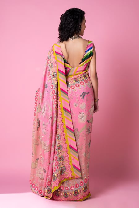 Siddhartha Bansal Floral Print & Embroidered Saree With Blouse 