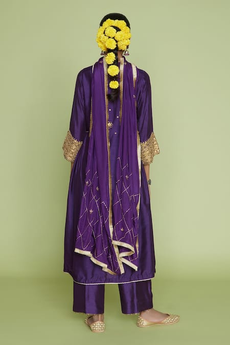 Shop_Label Niti Bothra_Purple Silk Pitta, Marodi Keyhole Embroidered Kurta And Palazzo Set _at_Aza_Fashions