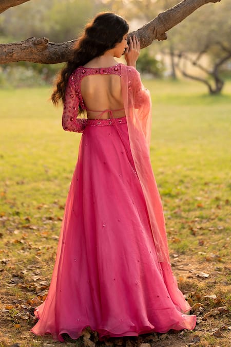 Shop_Zoon_Pink Net, Silk Organza Sequins, Crystals Floral Embroidered Blouse Lehenga Set _at_Aza_Fashions