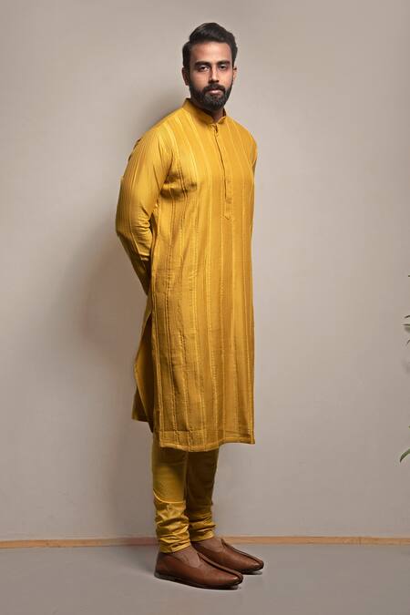 Shop Darshika Menswear Yellow Cotton, Silk Beads Embroidered Kurta Set at Aza Fashions Shop_Darshika Menswear_Yellow Cotton, Silk Beads Embroidered Kurta Set _at_Aza_Fashions