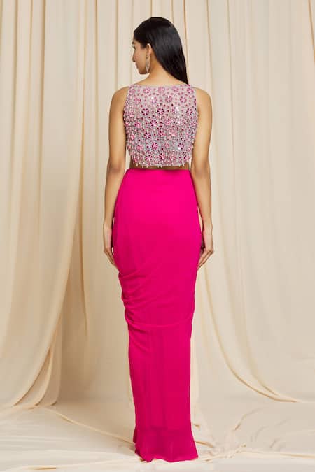 Shop Izzumi Mehta Pink Georgette Mirror Plunge V Neck Draped Skirt And Embroidered Crop Top Set at Aza Fashions Shop_Izzumi Mehta_Pink Georgette Mirror Plunge V Neck Draped Skirt And Embroidered Crop Top Set _at_Aza_Fashions