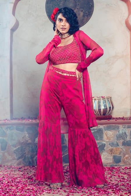 Shop Show Shaa Maroon Satin, Georgette, Crepe Beads, Embroidery, Floral Print Cape Gharara Set at Aza Fashions Shop_Show Shaa_Maroon Satin, Georgette, Crepe Beads, Embroidery, Floral Print Cape Gharara Set _at_Aza_Fashions