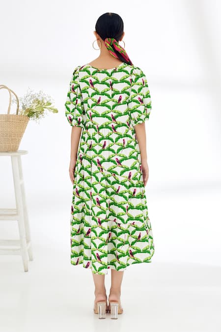 Shop_Nikasha_Off White Cotton Poplin Leaf Print And Running Stitch, Hand Painted Tiered Dress _at_Aza_Fashions