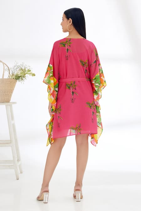 Shop Nikasha Fuchsia 100% Cotton Banana Fruit Tree Print And Stitch Details V Neck Kaftan at Aza Fashions Shop_Nikasha_Fuchsia 100% Cotton Banana Fruit Tree Print And Stitch Details V Neck Kaftan _at_Aza_Fashions
