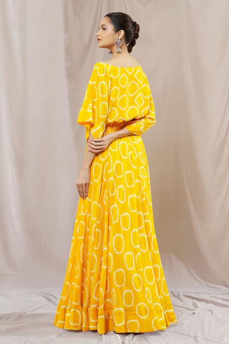 Shop_Nupur Kanoi_Yellow Crepe Print Abstract Circle Round Spiral Lehenga And Top Set  _at_Aza_Fashions