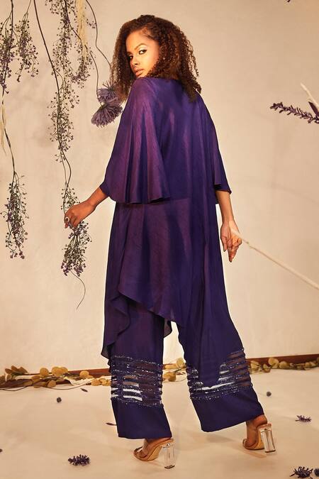 Shop_Babita Malkani_Purple Silk V Neck A-line Tunic And Pant Set _at_Aza_Fashions