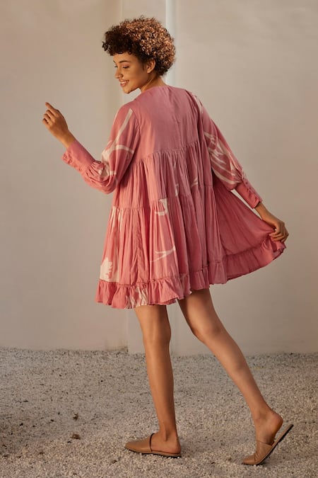 Shop_Kharakapas_Pink Cotton Embroidery Round Neck Floral Printed Frilled Hem Dress _at_Aza_Fashions