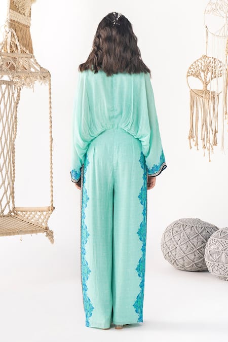 Shop_Chhavvi Aggarwal_Blue Crepe V-neck Batwing Sleeve Jumpsuit _at_Aza_Fashions