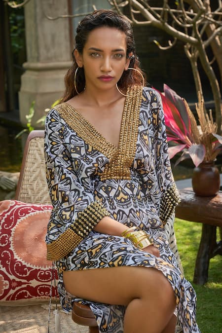 Shop_Surily G_White Satin Georgette Printed Ikat Deep V Neck Kaftan _at_Aza_Fashions