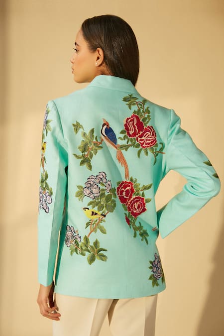 Shop_Betrue_Blue Linen Embroidery Collared Double Breasted Box Jacket _at_Aza_Fashions
