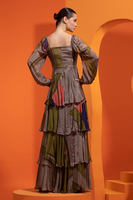 Shop Nautanky Purple Chiffon Square Neck Abstract Geometric Print Tiered Dress at Aza Fashions Shop_Nautanky_Purple Chiffon Square Neck Abstract Geometric Print Tiered Dress _at_Aza_Fashions