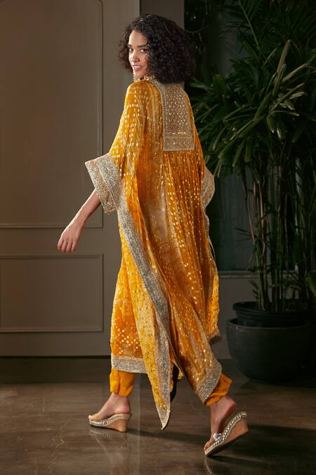 Shop_Kisneel By Pam_Yellow Organza, Crepe Embroidery, Foil Printing V-neck Hand Kaftan Pant Set_at_Aza_Fashions