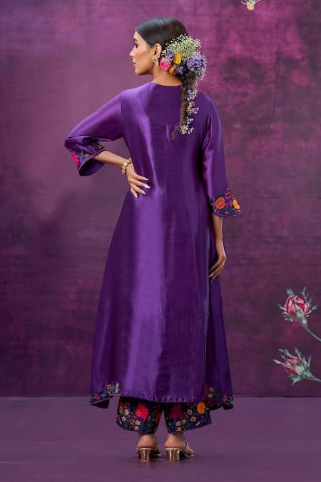 Shop Label Niti Bothra Purple Kora Silk Mughal Round Applique Kurta And Palazzo Set at Aza Fashions Shop_Label Niti Bothra_Purple Kora Silk Mughal Round Applique Kurta And Palazzo Set _at_Aza_Fashions