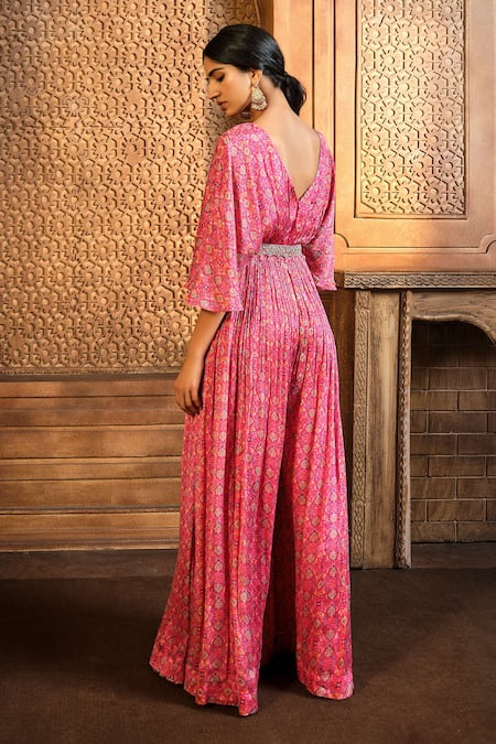 Shop_Aneesh Agarwaal_Pink Chiffon, Linen Zari, Embroidery V-neck Persian Print Jumpsuit With Belt _at_Aza_Fashions