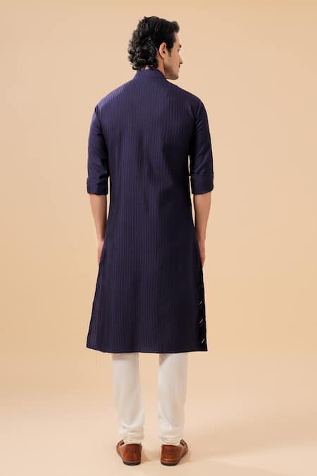 Shop_Raghavendra Rathore Blue_Blue Silk Chevron Pattern Kurta _at_Aza_Fashions