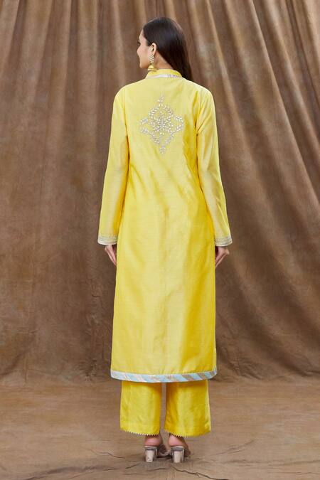 Shop Aiman Yellow Chanderi Cut Work, Tassels, Embroidery Mandarin Gota Kurta Palazzo Set at Aza Fashions Shop_Aiman_Yellow Chanderi Cut Work, Tassels, Embroidery Mandarin Gota Kurta Palazzo Set_at_Aza_Fashions