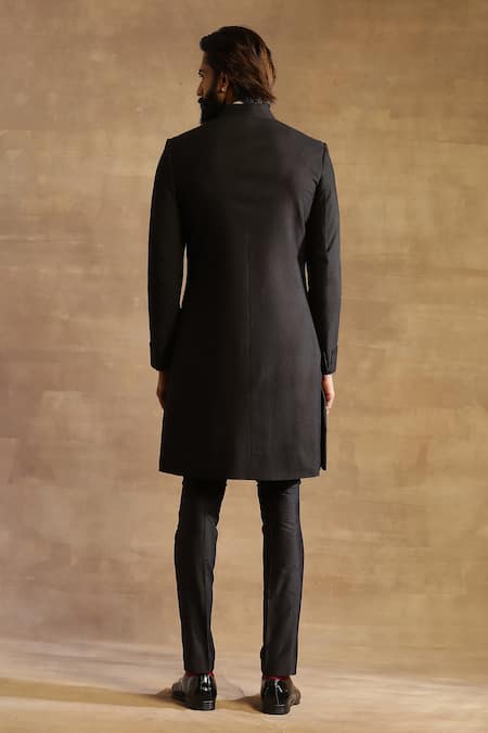 Shop Raghavendra Rathore Jodhpur Black Silk Stitch Line Slim Fit Achkan at Aza Fashions Shop_Raghavendra Rathore Jodhpur_Black Silk Stitch Line Slim Fit Achkan _at_Aza_Fashions