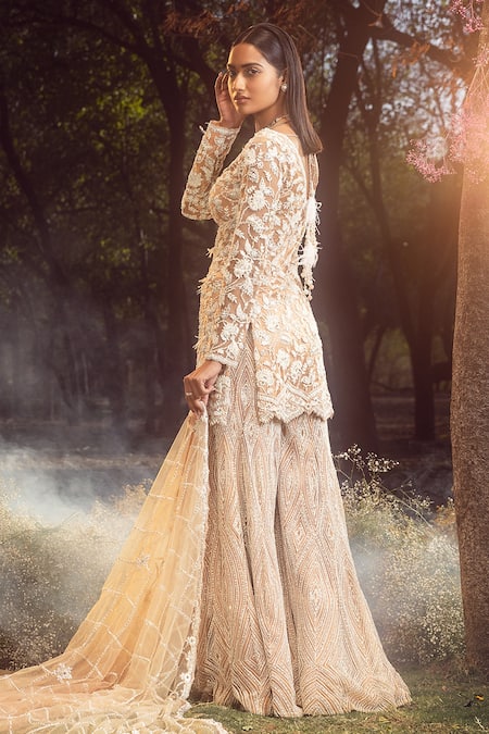 Shop Nitika Gujral Beige Net, Satin Pearls, Crystals, Diamonds, Embroidered Kurta Sharara Set at Aza Fashions Shop_Nitika Gujral_Beige Net, Satin Pearls, Crystals, Diamonds, Embroidered Kurta Sharara Set _at_Aza_Fashions