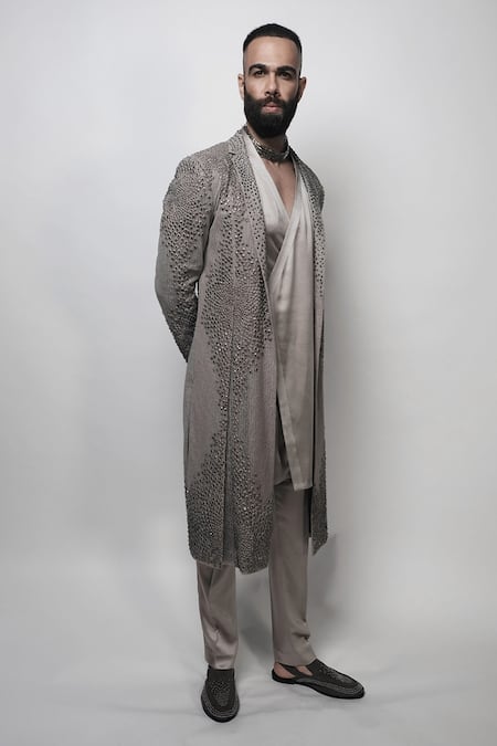 Shop Rohit Gandhi + Rahul Khanna Grey Tulle Embroidery Cosmati Long Jacket at Aza Fashions Shop_Rohit Gandhi + Rahul Khanna_Grey Tulle Embroidery Cosmati Long Jacket _at_Aza_Fashions