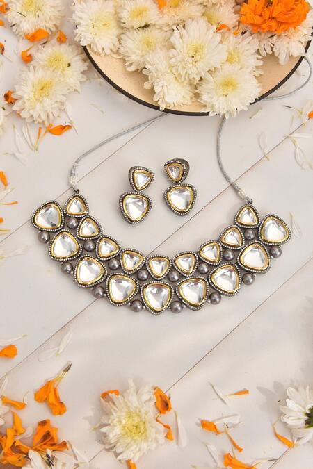 Shop_Swabhimann_Grey Diamonds, Stones Polki Embellished Necklace Set _at_Aza_Fashions