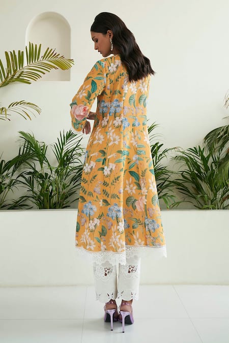 Shop Sage Saga Yellow Chanderi, Lace Lace, Pearls, Cut Work Botanic Print Anarkali Palazzo Set at Aza Fashions Shop_Sage Saga_Yellow Chanderi, Lace Lace, Pearls, Cut Work Botanic Print Anarkali Palazzo Set _at_Aza_Fashions