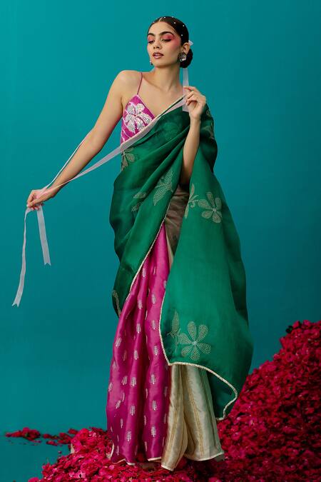 Shop_Latha Puttanna_Pink Satin, Organza Pearls Colorblock Embroidered Saree_at_Aza_Fashions