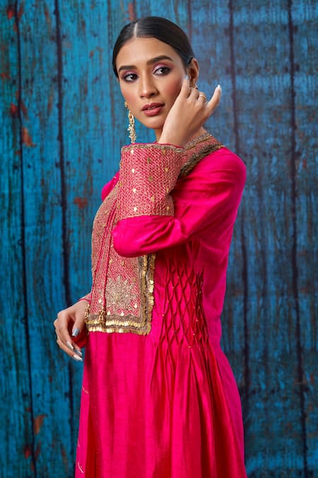 Shop_Label Niti Bothra_Pink Silk Zari Jaal Round Lotus Work Yoke Kurta And Palazzo Set _at_Aza_Fashions