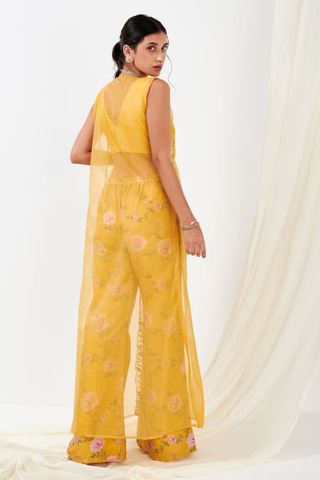 Shop Label Flamingo By Vrinda Yellow Organza, Cotton, Silk Embroidery V-neck, Floral Sheer Cape Sharara Set at Aza Fashions Shop_Label Flamingo By Vrinda_Yellow Organza, Cotton, Silk Embroidery V-neck, Floral Sheer Cape Sharara Set _at_Aza_Fashions