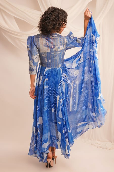 Shop Jajaabor Blue Georgette Embroidery Zari V Neck Anarkali And Pant Set at Aza Fashions Shop_Jajaabor_Blue Georgette Embroidery Zari V Neck Anarkali And Pant Set _at_Aza_Fashions