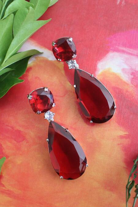 Shop_Nayaab By Sonia_Silver Plated Cubic Zirconia Diamonds And Semi Precious Embellished Drop Earrings_at_Aza_Fashions