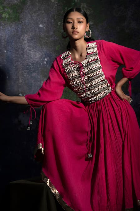 Shop 5elements Pink 100% Cotton Embellishment Shell Scoop Neck Anarkali And Pant Set at Aza Fashions Shop_5elements_Pink 100% Cotton Embellishment Shell Scoop Neck Anarkali And Pant Set _at_Aza_Fashions