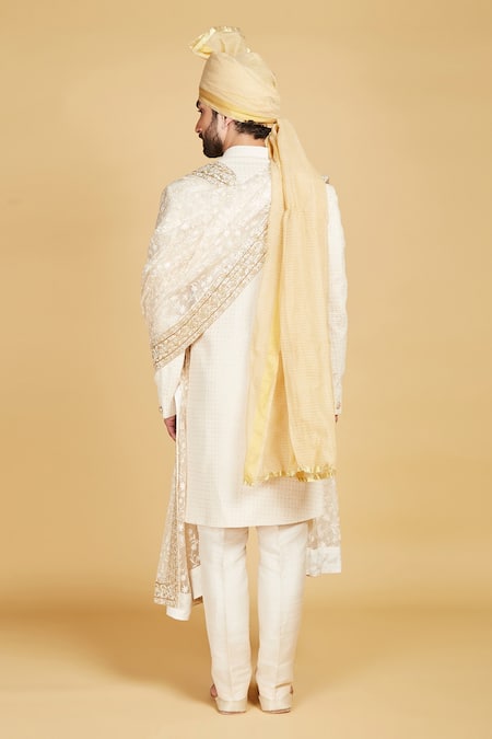 Shop Amrin Khan Cream Dupatta Organza, Pant Raw Silk, Sherwani Thread And Work Set at Aza Fashions Shop_Amrin Khan_Cream Dupatta Organza, Pant Raw Silk, Sherwani Thread And Work Set _at_Aza_Fashions