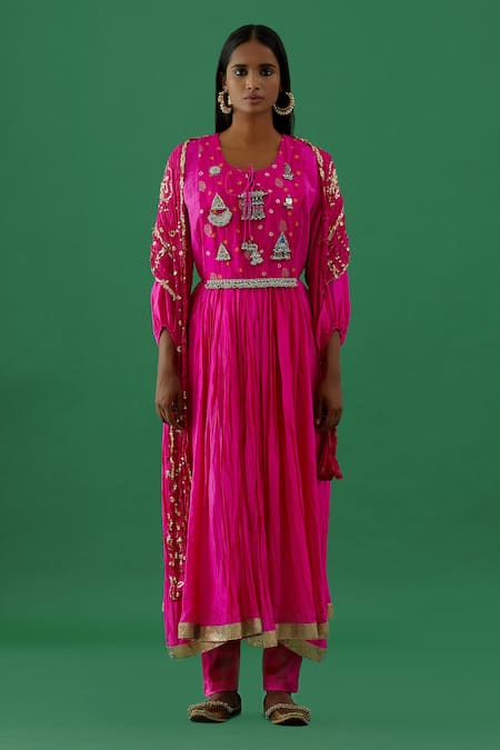 Shop 5elements Pink Silk Embroidery Silver Ornamentation Crescent Moon And Triangle Anarkali Set at Aza Fashions Shop_5elements_Pink Silk Embroidery Silver Ornamentation Crescent Moon And Triangle Anarkali Set _at_Aza_Fashions