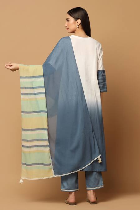 Shop Ikha Couture White Linen, Cotton, Maheshwari Embroidery, Tassels Ombre Floral Kurta Set at Aza Fashions Shop_Ikha Couture_White Linen, Cotton, Maheshwari Embroidery, Tassels Ombre Floral Kurta Set_at_Aza_Fashions