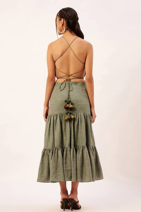 Shop_Zariya The Label_Green Cotton Halter Neck Woven Textured Tiered Dress _at_Aza_Fashions