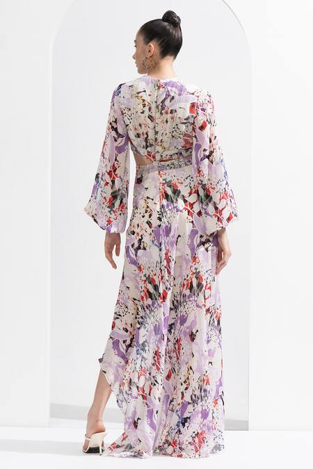 Mandira Wirk Resort Purple Georgette, Chiffon Fabric Flowers V-neck Orchid Print Waist Cutout Dress Online at Aza Fashions Mandira Wirk Resort_Purple Georgette, Chiffon Fabric Flowers V-neck Orchid Print Waist Cutout Dress _Online_at_Aza_Fashions