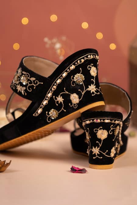 Shop House Of Vian Black Beads, Embroidery Evie Velvet Kolhapuri Wedges at Aza Fashions Shop_House Of Vian_Black Beads, Embroidery Evie Velvet Kolhapuri Wedges _at_Aza_Fashions