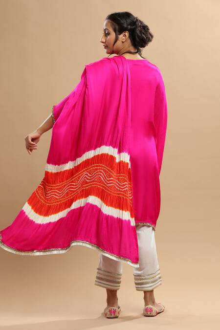 Shop_Etasha by Asha Jain_Fuchsia Gabardine, Satin Embroidery, Zari Round Neck Draped Kaftan And Pant Set _at_Aza_Fashions