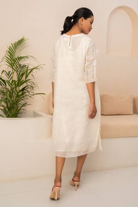 Shop_Arcvsh By Pallavi Singh_Ivory Linen Embroidery Round Neck Flower And Geometric Print Dress _at_Aza_Fashions