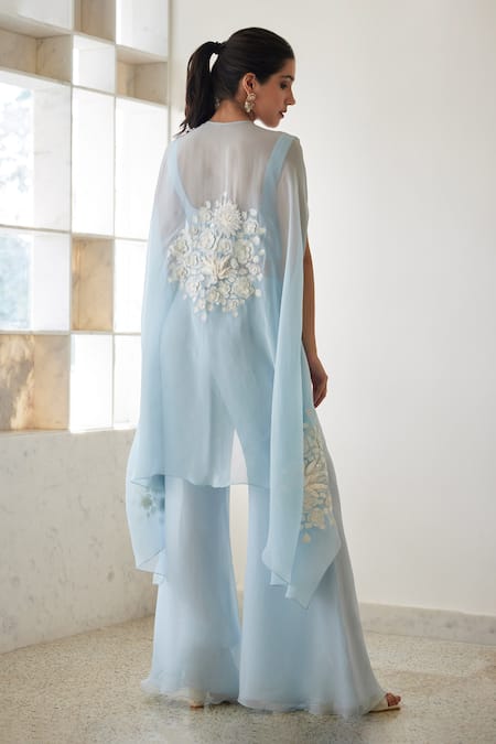 Mishru_Blue Organza, Chanderi Silk Embroidery Round Neck Floral Bunch Cape And Pant Set _Online_at_Aza_Fashions