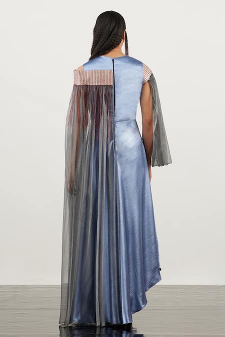 Shop Akhl Multi Color Textured Satin (90% Polyester 10% Elastane)+ Angular Arc Gown at Aza Fashions Shop_Akhl_Multi Color Textured Satin (90% Polyester 10% Elastane)+ Angular Arc Gown _at_Aza_Fashions